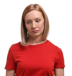 Photo of Sad woman in red t-shirt on white background