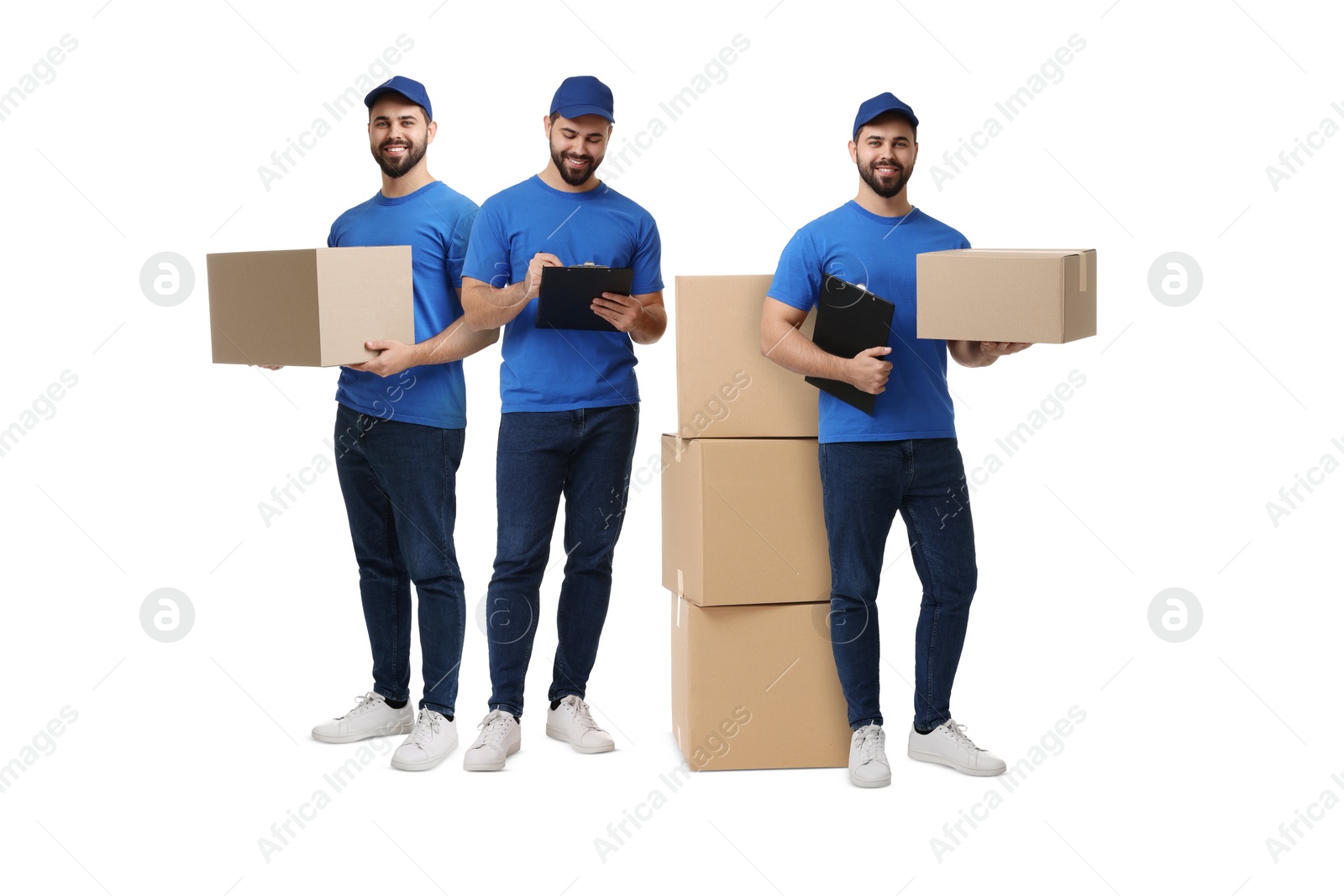 Image of Delivery service. Happy courier with cardboard boxes on white background, collage of photos