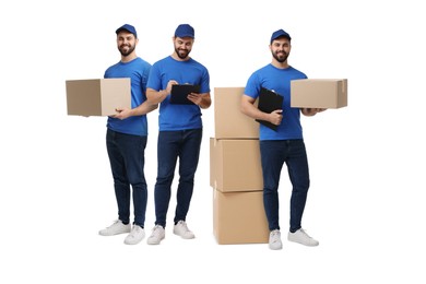 Image of Delivery service. Happy courier with cardboard boxes on white background, collage of photos