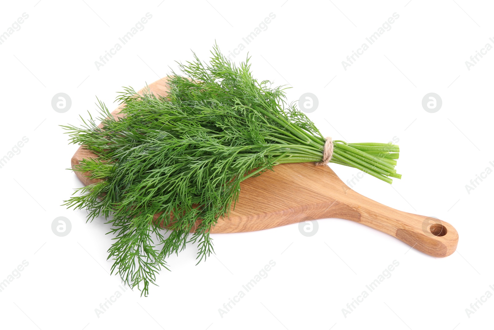 Photo of Board with fresh green dill isolated on white