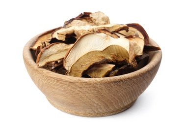 Photo of Bowl of dried mushrooms isolated on white