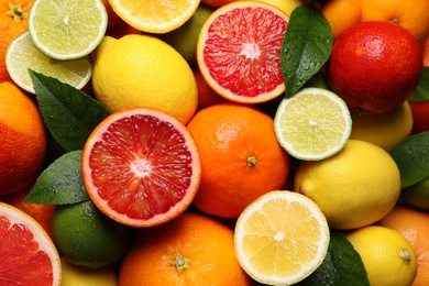 Photo of Different ripe citrus fruits as background, closeup