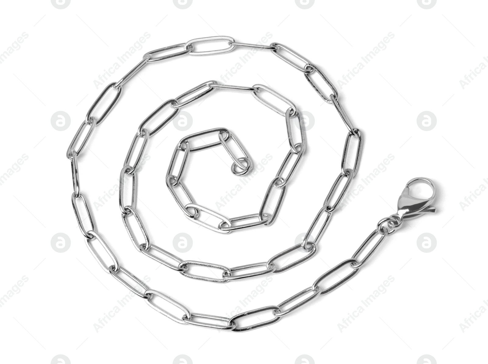 Photo of One metal chain isolated on white, top view. Luxury jewelry
