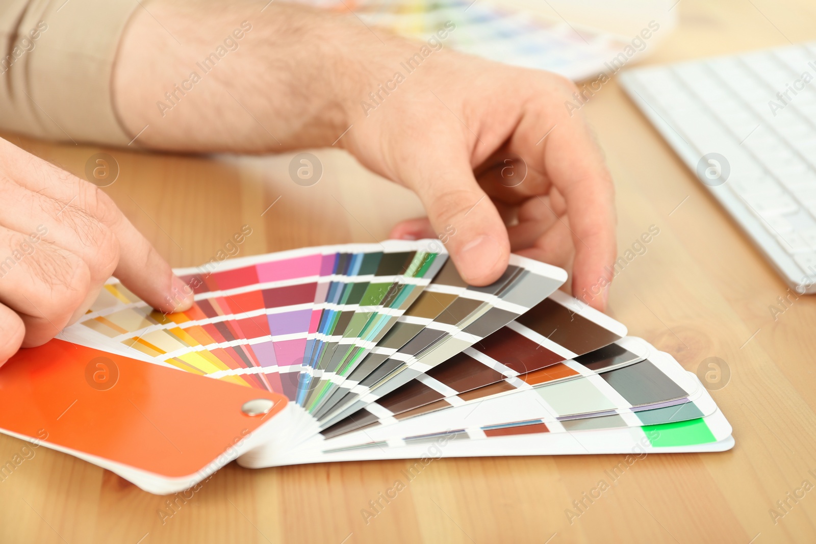 Photo of Designer with paint color palette samples at table, closeup