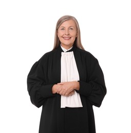 Photo of Smiling senior judge in court dress on white background