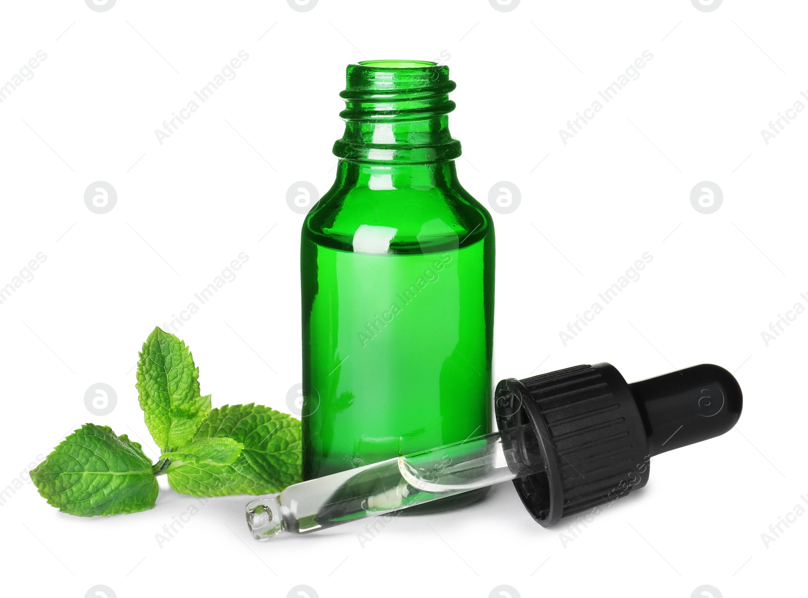 Photo of Little bottle of essential oil with dropper and mint on white background
