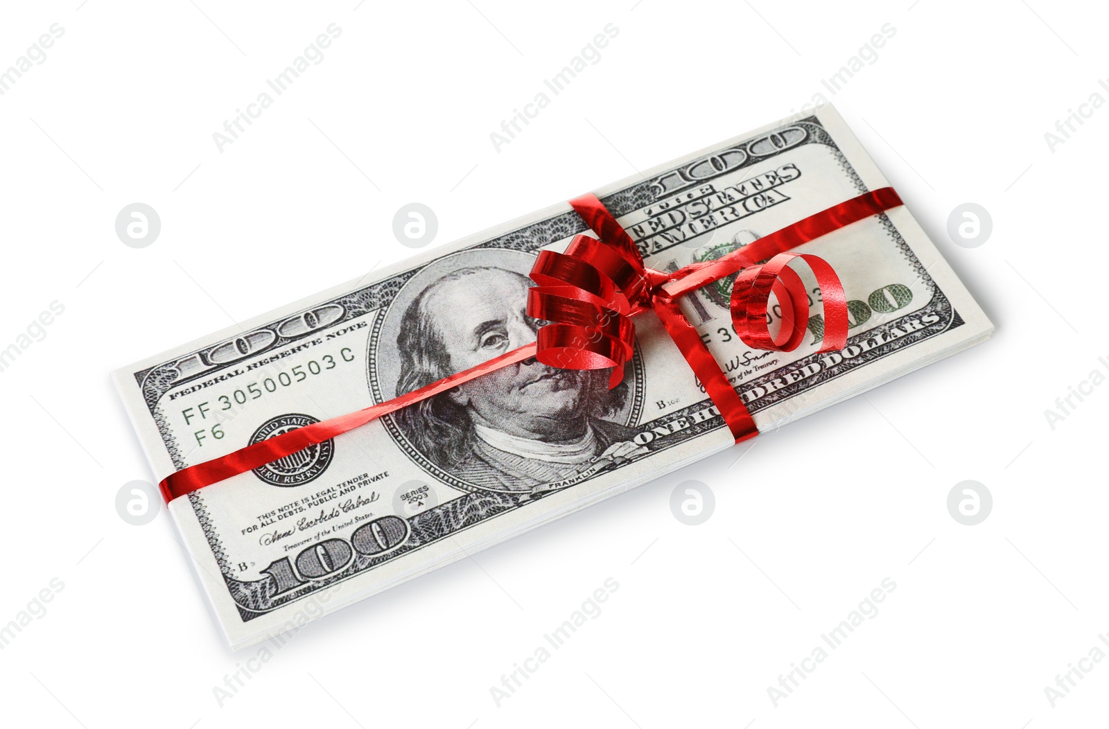 Photo of Stack of dollar banknotes with ribbon on white background