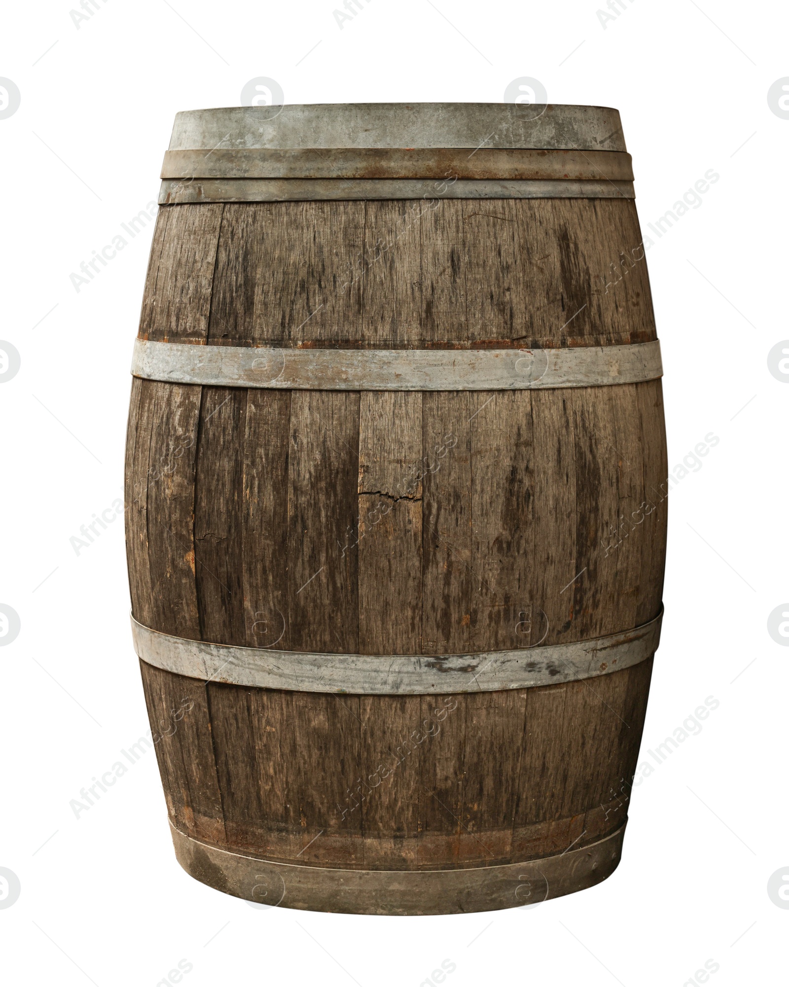 Image of One wooden barrel with metal hoops isolated on white