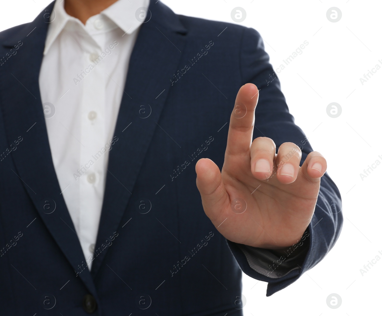 Photo of Woman touching something against white background, focus on hand