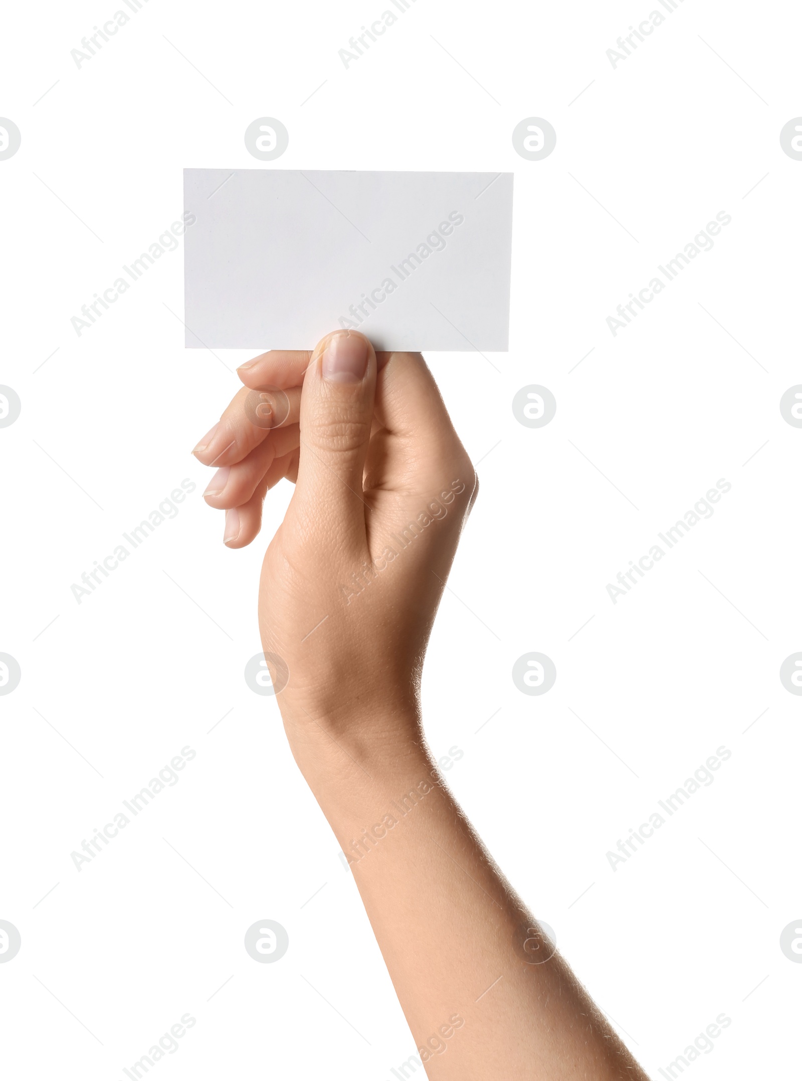 Photo of Woman holding business card on white background, closeup. Space for design