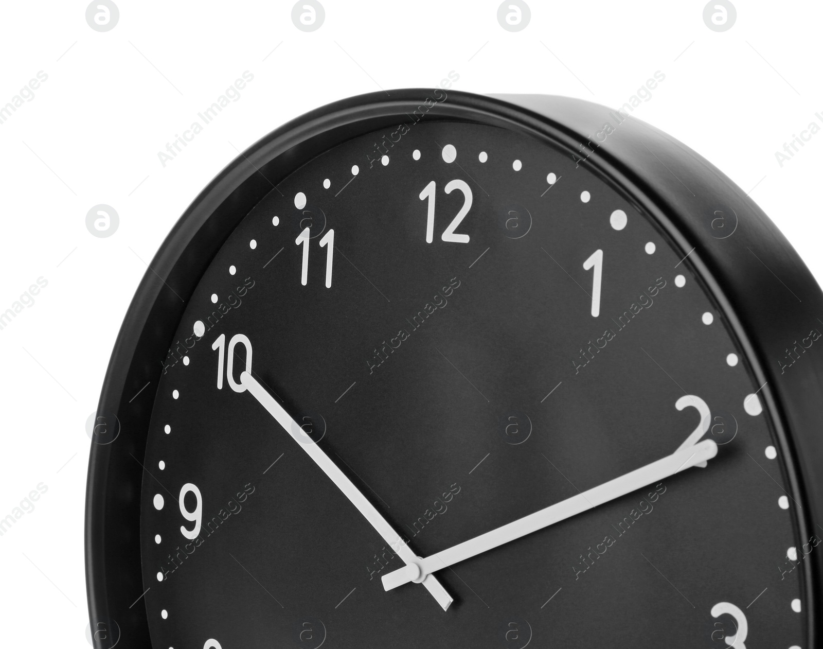 Photo of Big black clock on white background. Time change concept