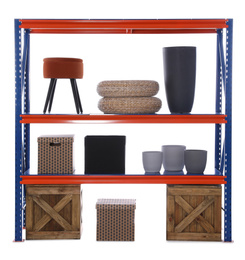 Photo of Bright metal shelving unit with wooden crates and different household stuff on white background