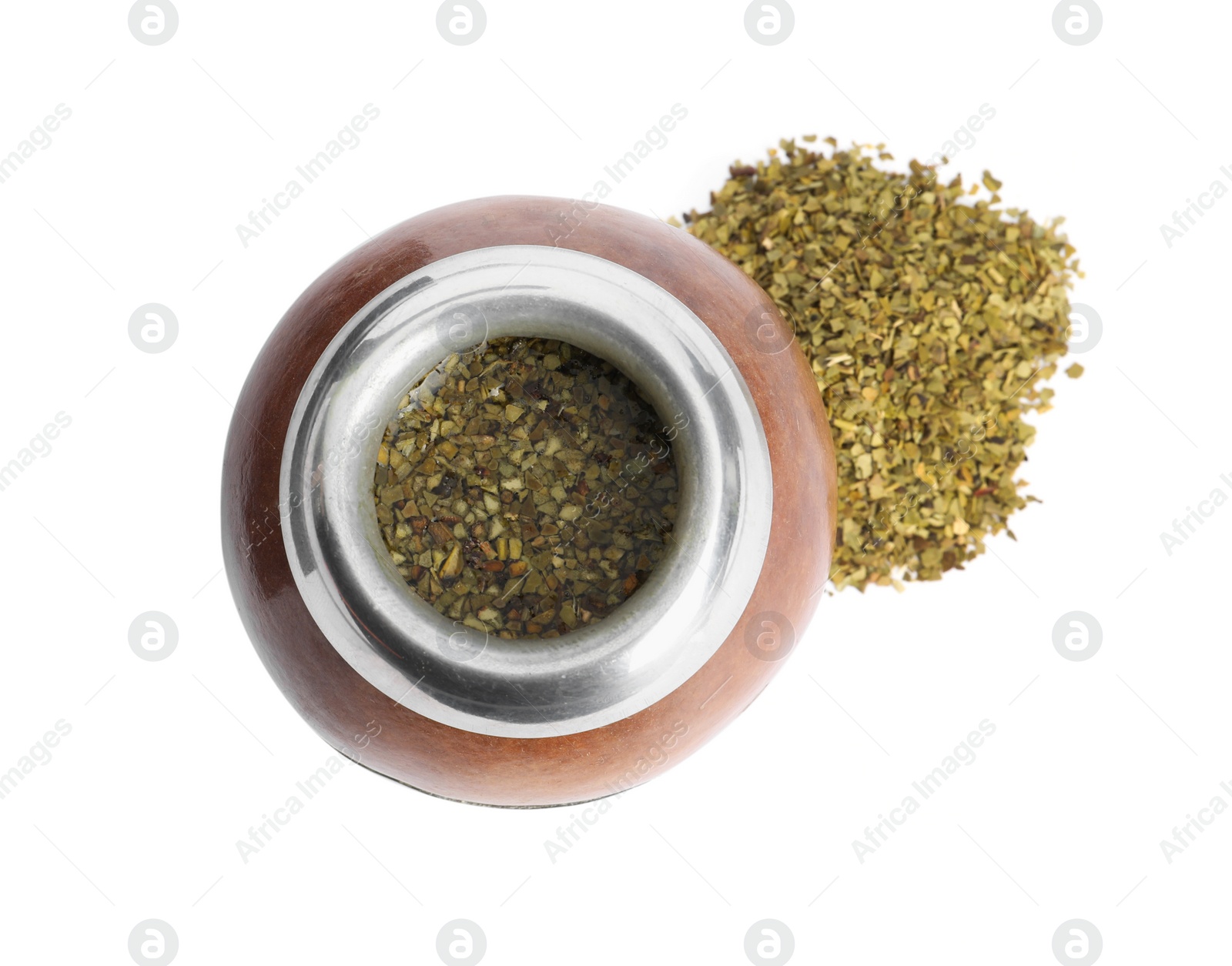 Photo of Calabash with mate tea on white background, top view