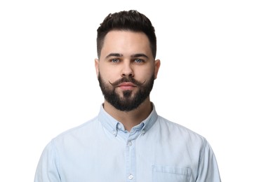 Portrait of young man with mustache on white background