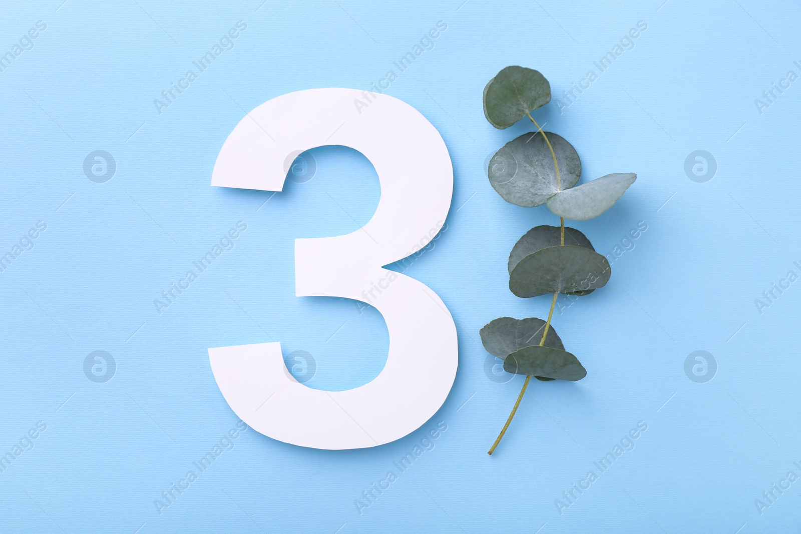 Photo of Paper number 3 and eucalyptus branch on light blue background, top view