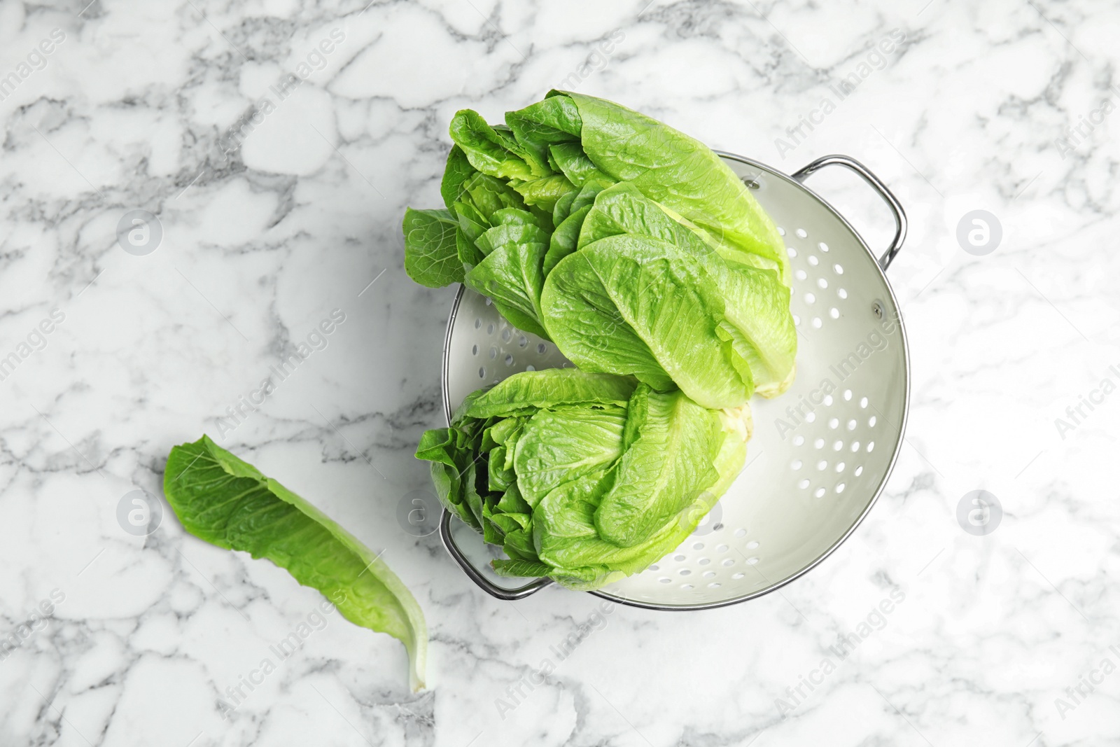 Photo of Colander with fresh ripe cos lettuce on marble table, top view