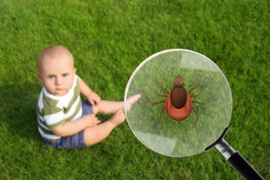 Seasonal hazard of outdoor recreation. Adorable little baby sitting on green grass outdoors. Illustration of magnifying glass with tick, selective focus
