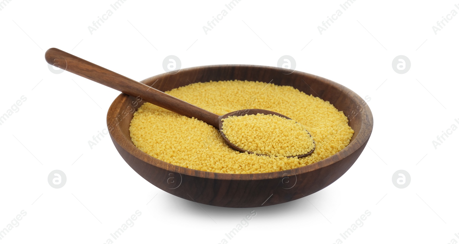 Photo of Bowl and spoon with raw couscous on white background