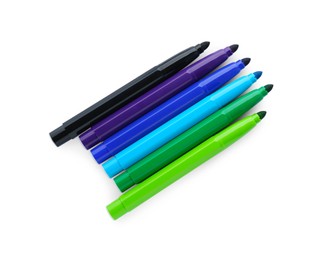 Photo of Many different colorful markers on white background, top view