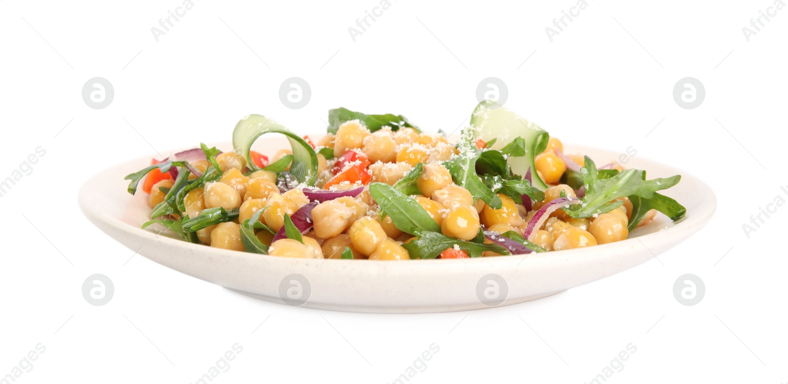 Photo of Plate with delicious fresh chickpea salad isolated on white