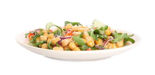 Photo of Plate with delicious fresh chickpea salad isolated on white