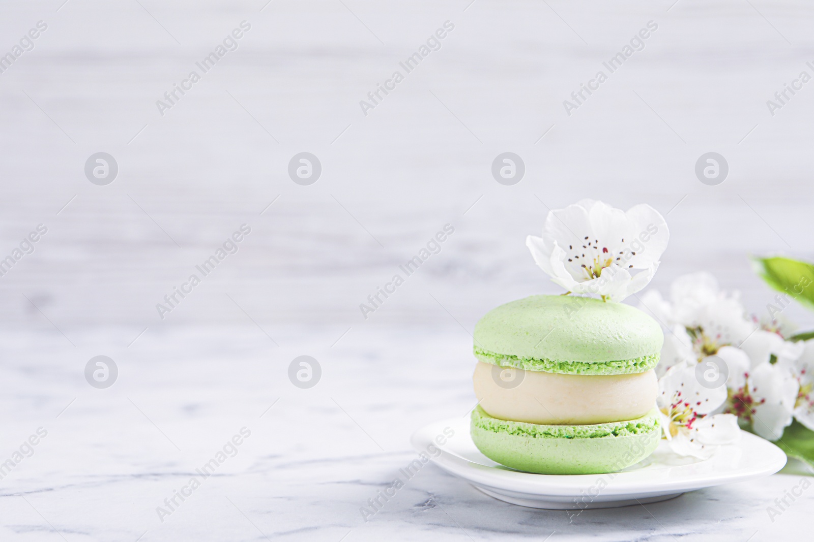 Photo of Green macaron and flowers on white marble table, space for text