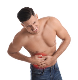Photo of Man suffering from liver pain on white background