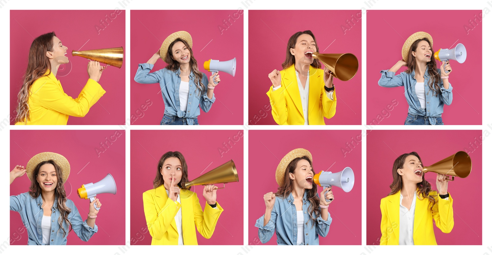 Image of Collage of young girl with megaphones on pink background