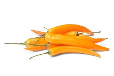 Photo of Ripe yellow hot chili peppers on white background