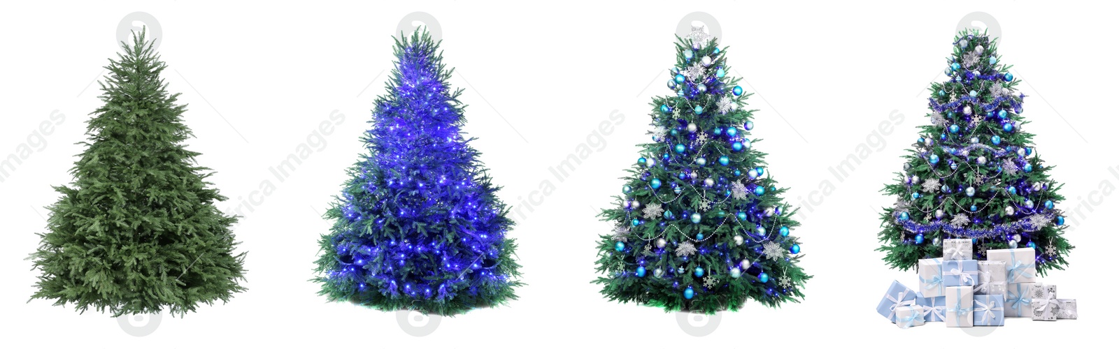 Image of Christmas tree isolated on white, step-by-step decorating