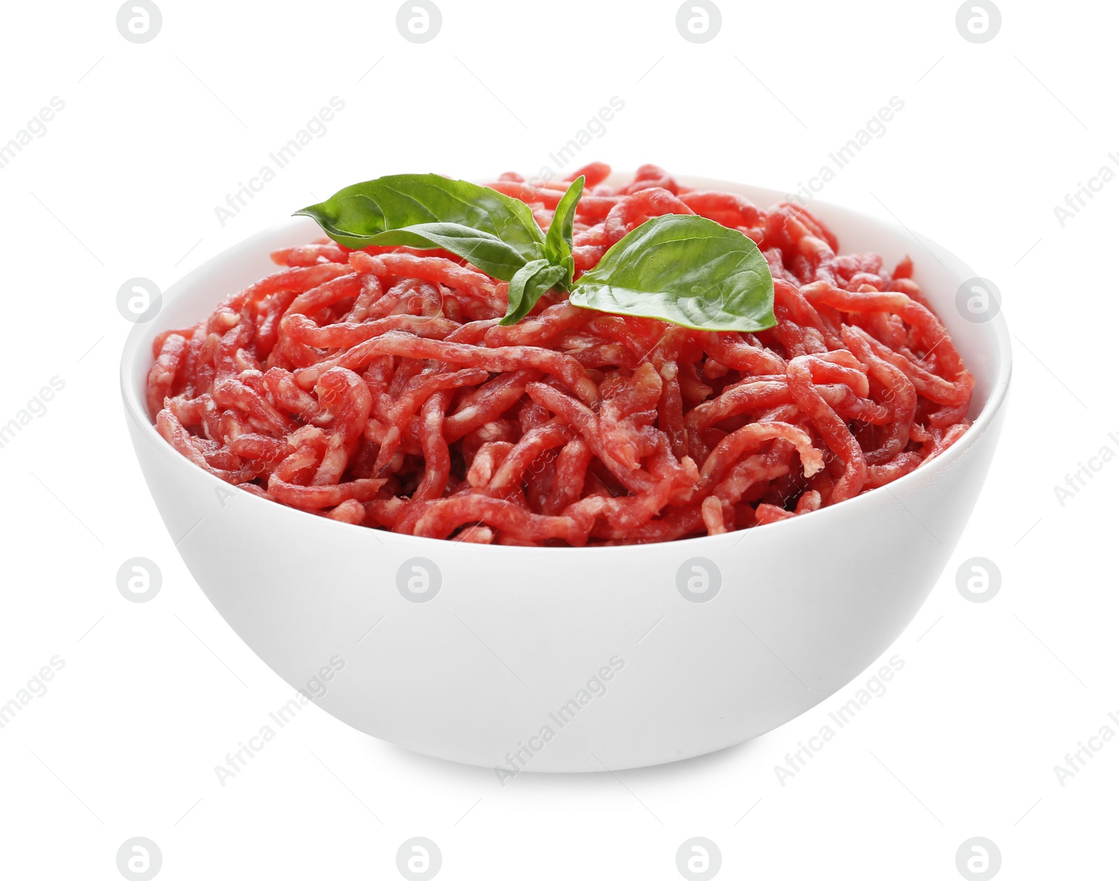 Photo of Fresh raw minced meat and basil on white background