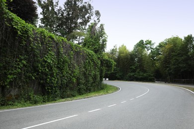 Photo of Picturesque view of asphalted roadway near beautiful trees and hedge