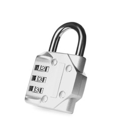Photo of Steel combination padlock isolated on white. Safety concept