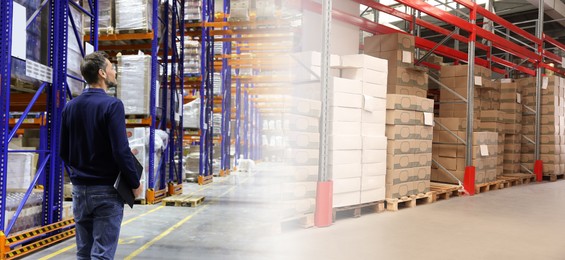 Image of Distribution. Happy manager in warehouse, double exposure. Banner design