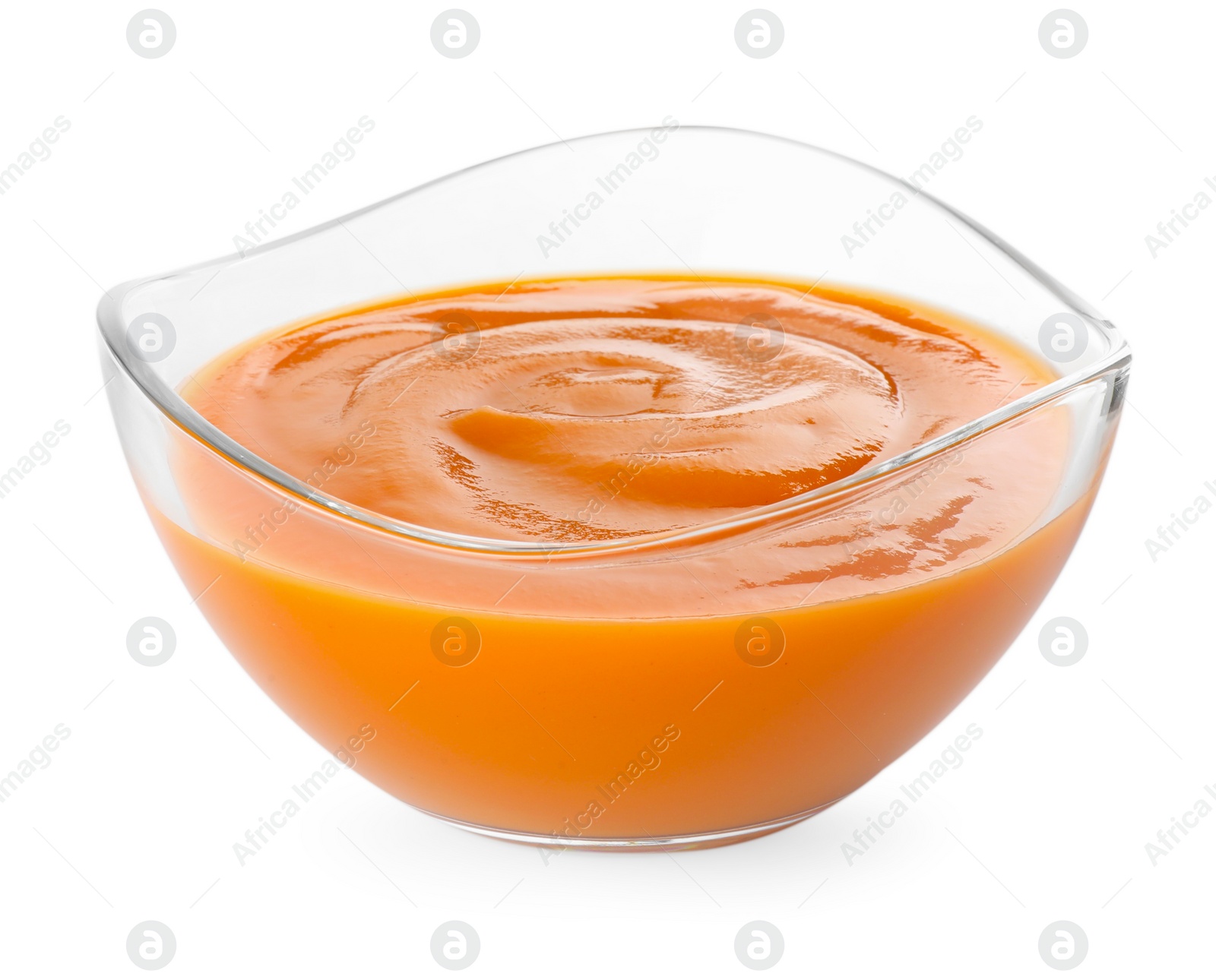 Photo of Delicious persimmon jam in bowl isolated on white