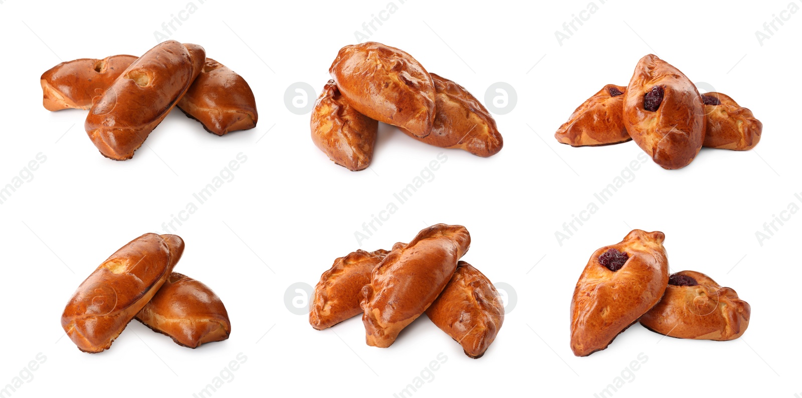 Image of Set with delicious baked patties on white background. Banner design