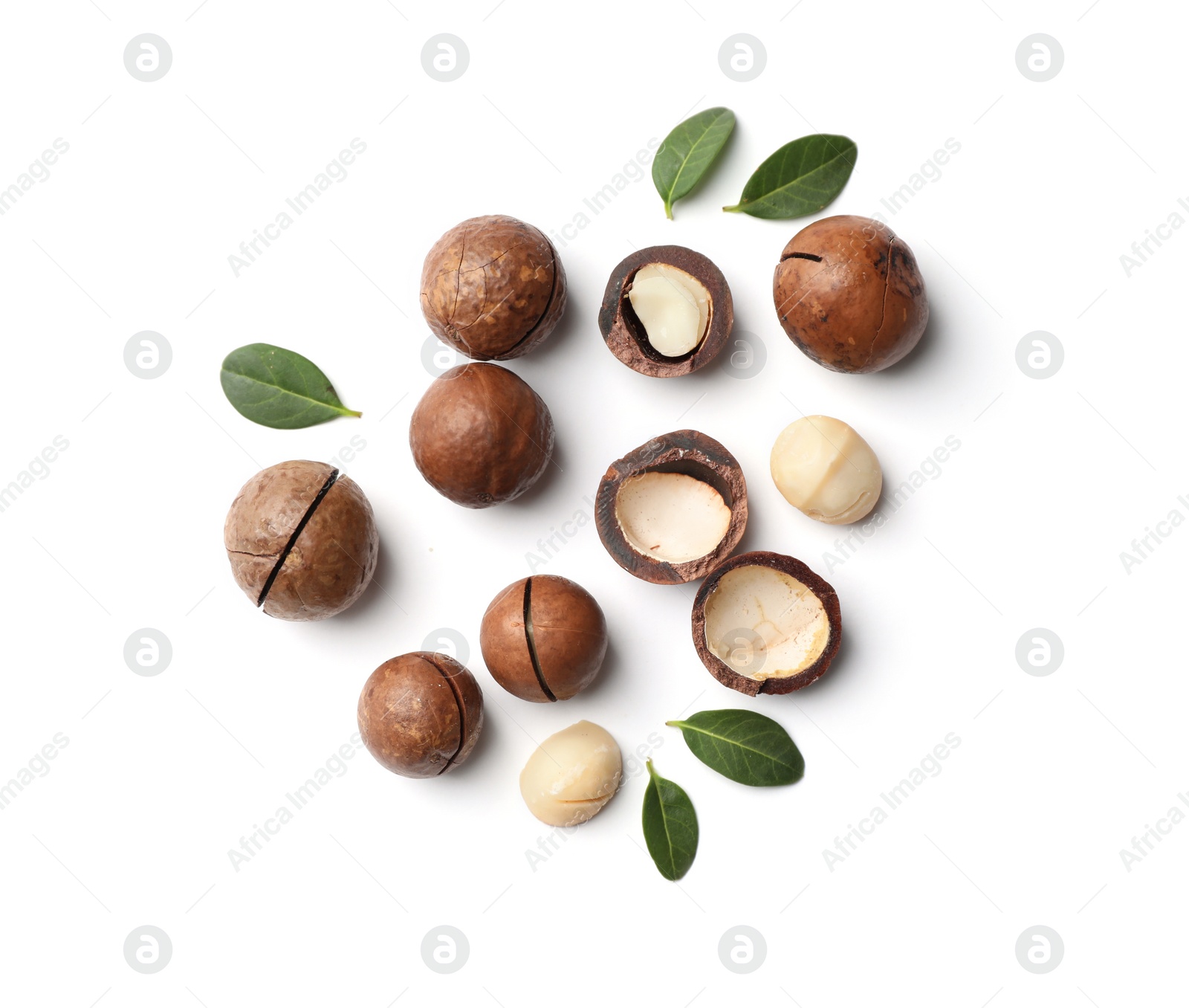 Photo of Composition with organic Macadamia nuts on white background, top view
