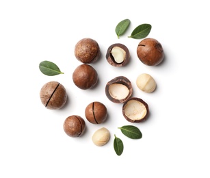 Composition with organic Macadamia nuts on white background, top view