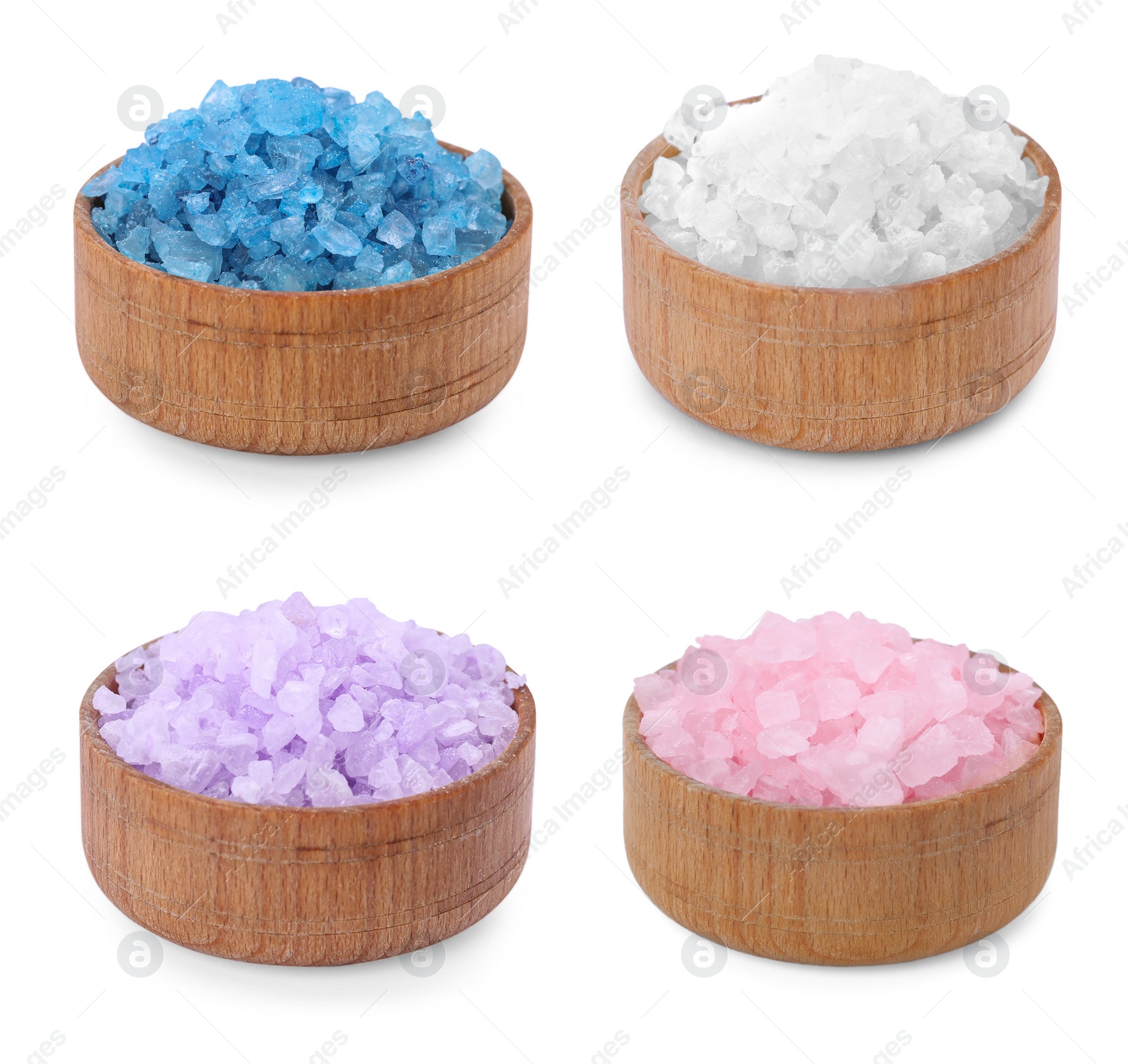 Image of Different sea salt in bowls isolated on whit, set