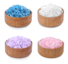 Image of Different sea salt in bowls isolated on whit, set