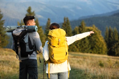 Couple with backpacks and trekking poles hiking in mountains, back view. Tourism equipment