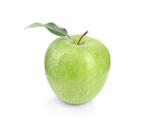 Photo of Fresh ripe green apple with water drops and leaf on white background