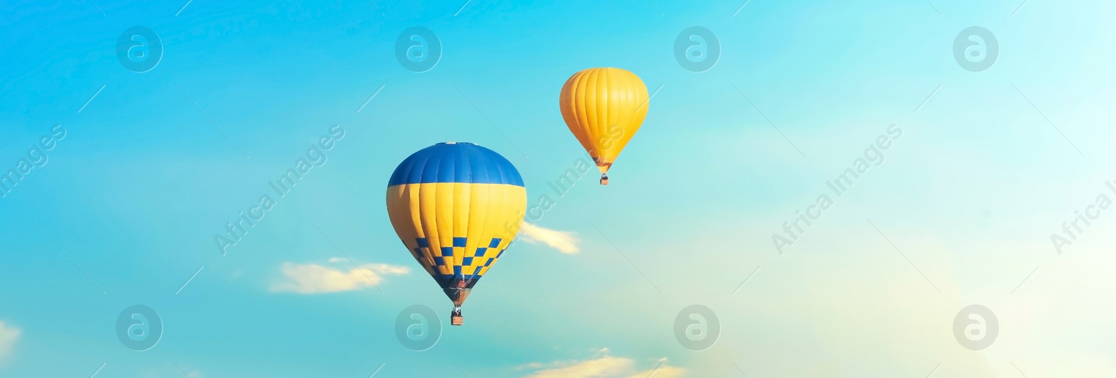 Image of Hot air balloons in blue sky. Banner design 