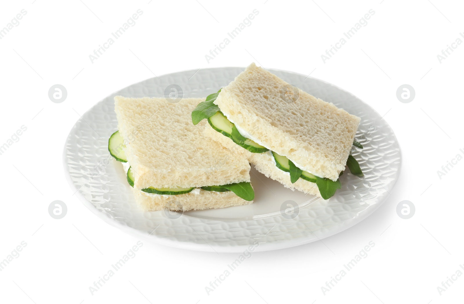 Photo of Plate with cucumber sandwiches isolated on white