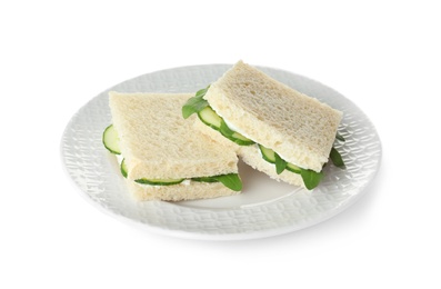 Photo of Plate with cucumber sandwiches isolated on white