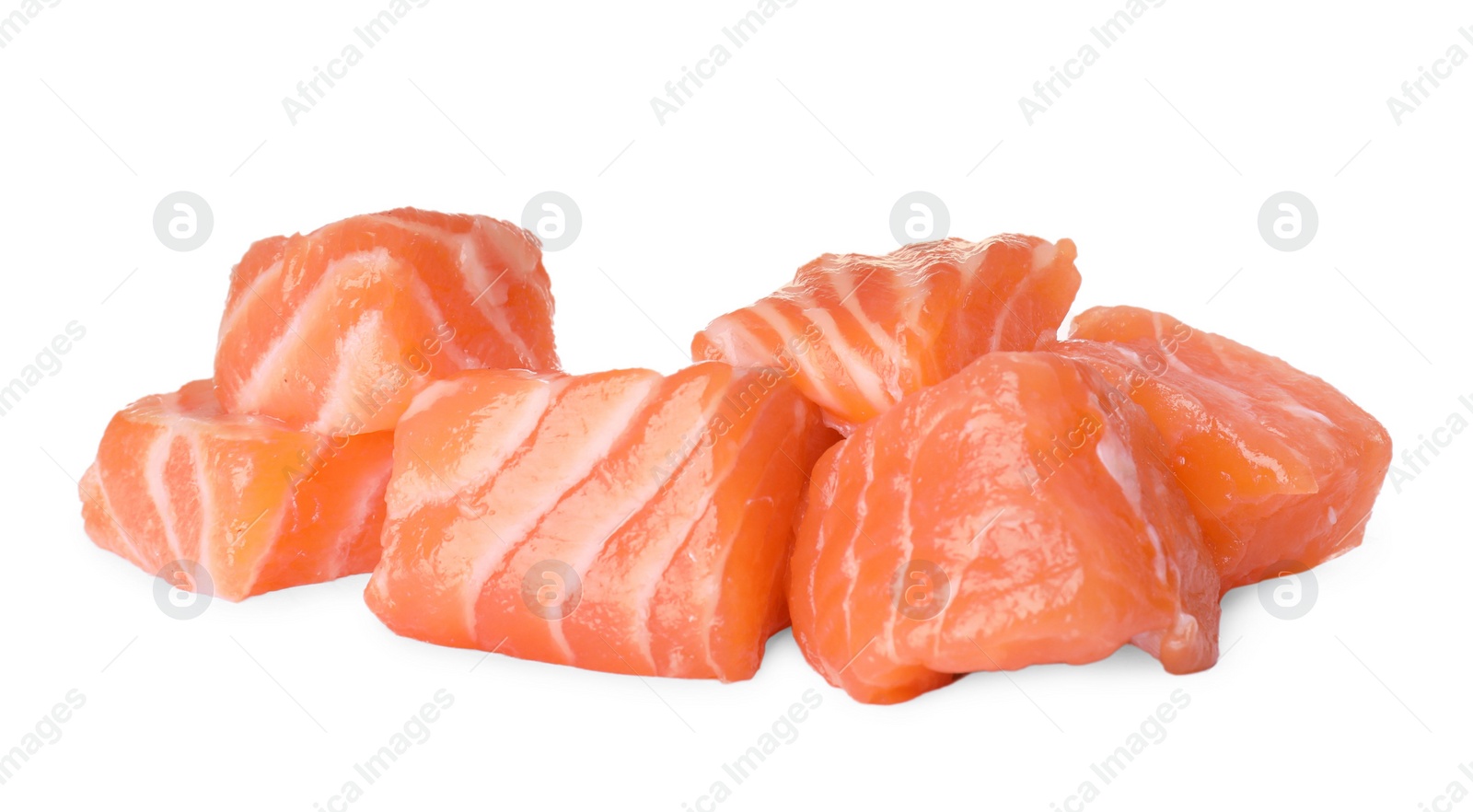 Photo of Pieces of fresh raw salmon on white background