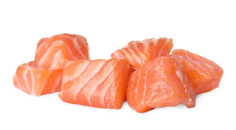 Photo of Pieces of fresh raw salmon on white background