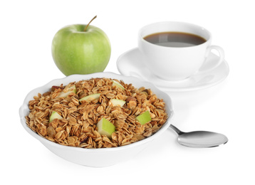 Photo of Tasty healthy breakfast with muesli on white background