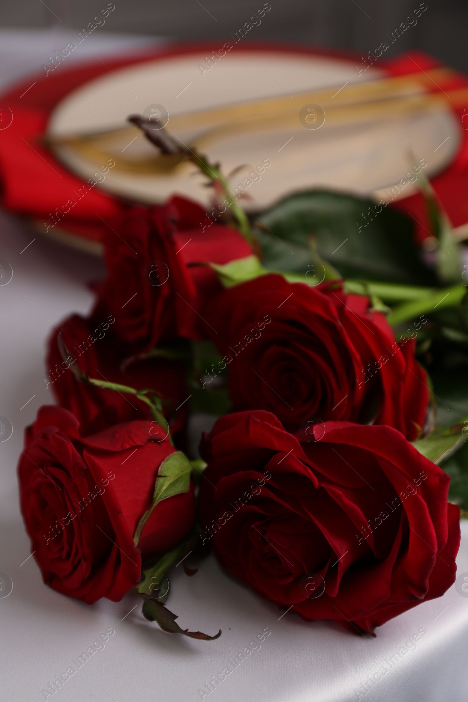 Photo of Beautiful red roses on white table indoors, closeup