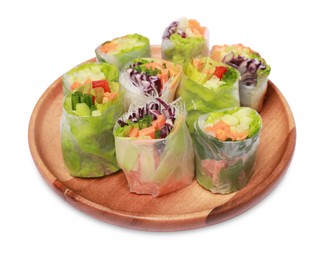 Photo of Plate of different delicious spring rolls wrapped in rice paper isolated on white